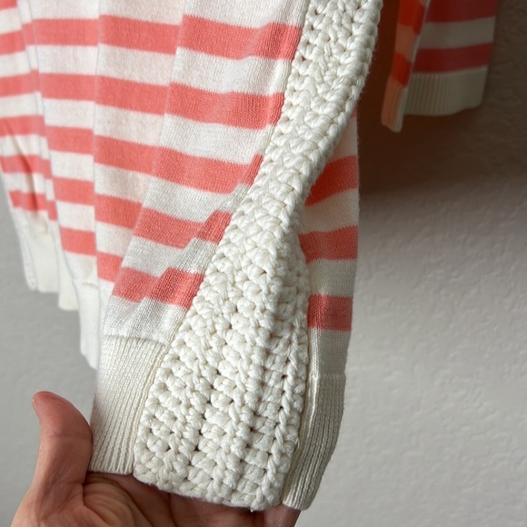 Talbots 100% Pima Cotton Crochet Side Stripe Sweater sz M. Coral/Cream EUC. - Picture 3 of 7